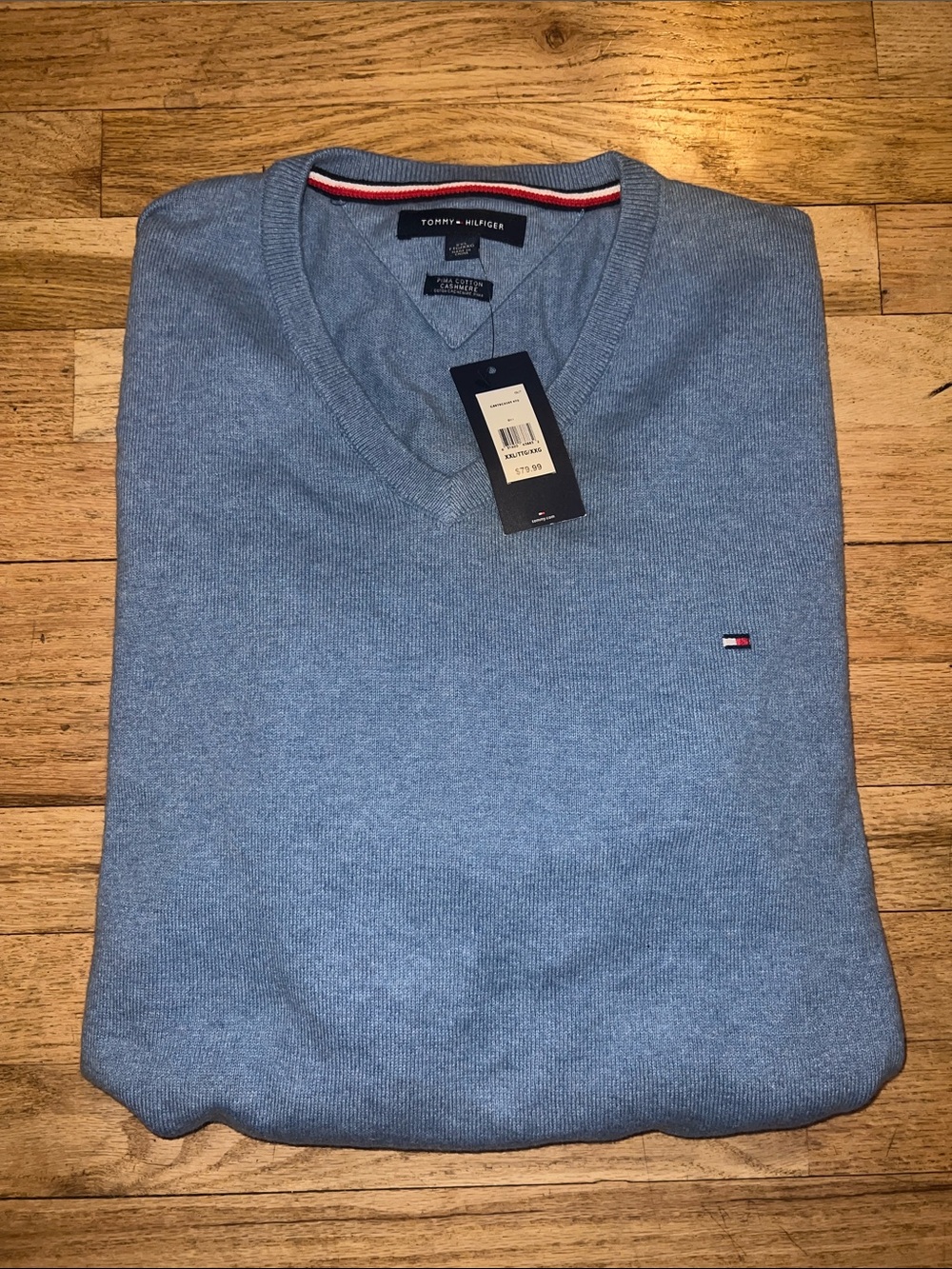 Tommy Hilfiger Men's V-Neck Sweater in Sky Blue with Signature Flag
